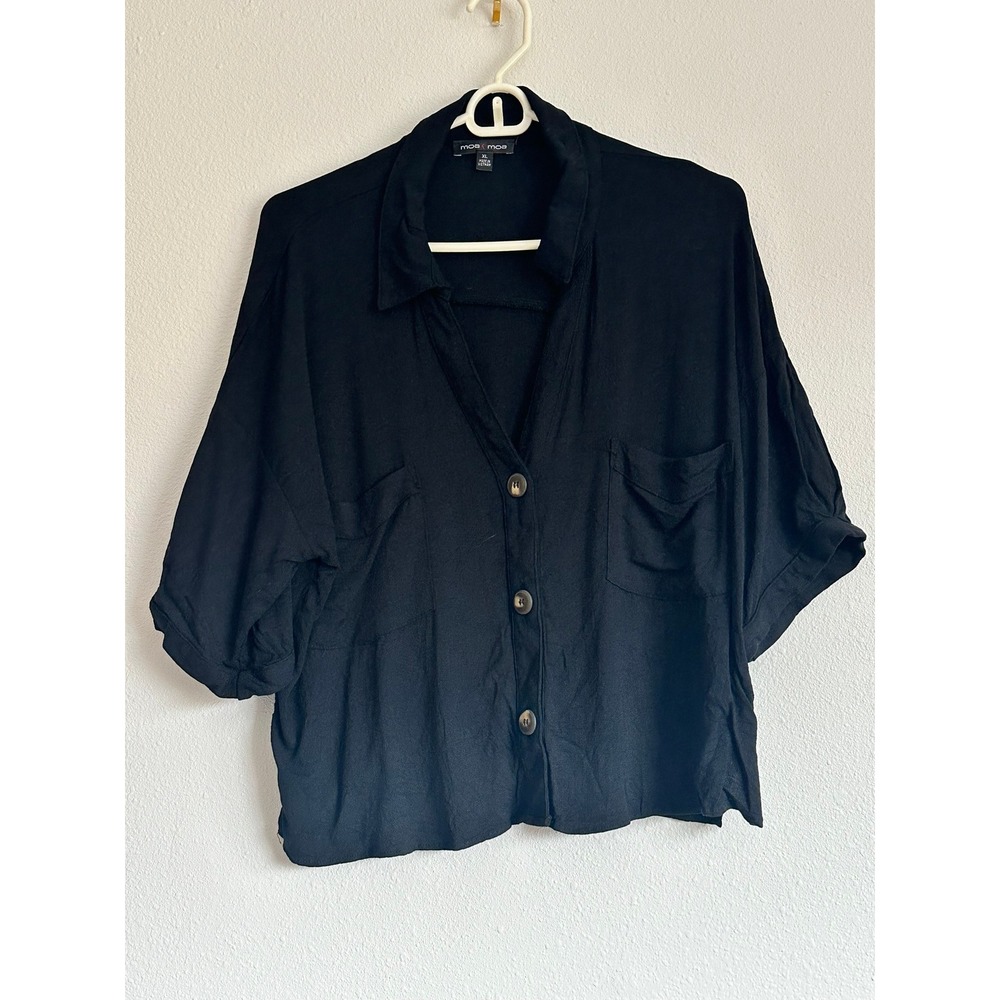 Moa Moa Womens XL Black Boxy Cropped Short Sleeve Button Down Shirt
